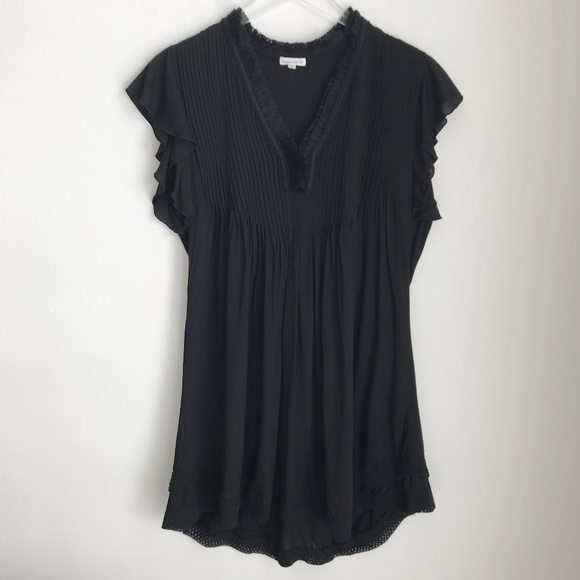 Poupette St Barth Sasha Black Mini Dress S Pleated Flutter Sleeve Lace Trim - Picture 3 of 10